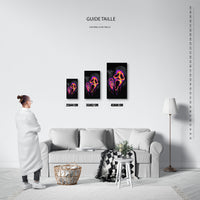 Guide des tailles : le tirage présenté dans ses 3 formats de vente, à l'échelle réelle sur un mur de salon, avec une règle en centimètres.