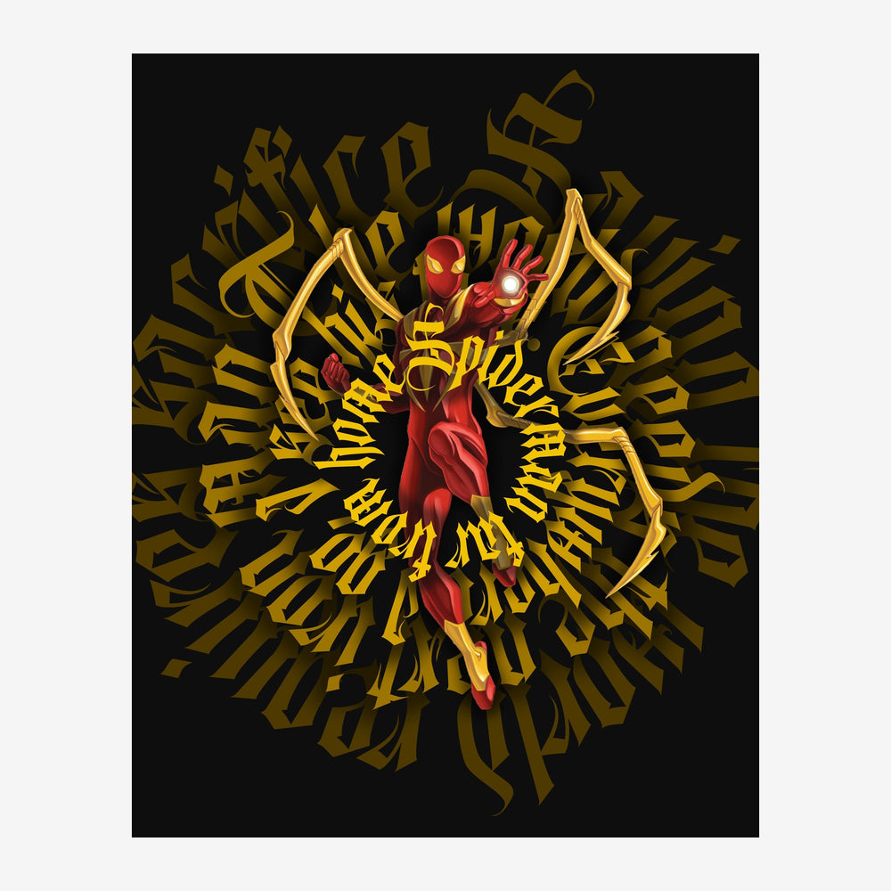Portrait d'une figure en costume rouge et or au centre, entourée de motifs géométriques dorés rayonnants sur fond noir.