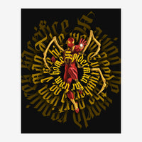 Portrait d'une figure en costume rouge et or au centre, entourée de motifs géométriques dorés rayonnants sur fond noir.