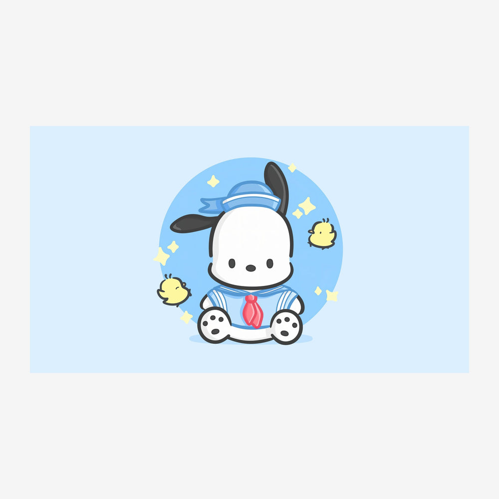 Un petit animal blanc aux oreilles noires, vêtu d'une tenue bleue et d'un nœud rose, assis dans une aura bleue pâle entourée.