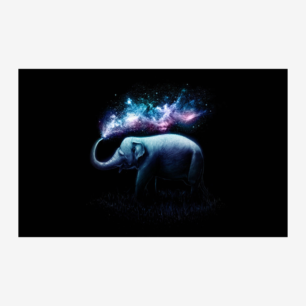 Un éléphant silhouetté en noir sur fond sombre, avec une explosion de lumière cosmique bleu, violet et rose jaillissant de.