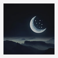 Une lune croissant blanche et brillante domina un ciel étoilé au-dessus de silhouettes de montagnes dans un paysage nocturne.