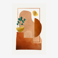 Composition abstraite avec silhouette stylisée en beige, formes géométriques terracotta, plante verte en pot doré et soleil.