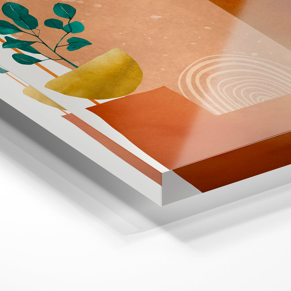 Gros plan de la matière : le tirage sous verre acrylique, tranche transparente visible.