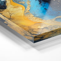 Gros plan de la matière : le tirage sous verre acrylique, tranche transparente visible.