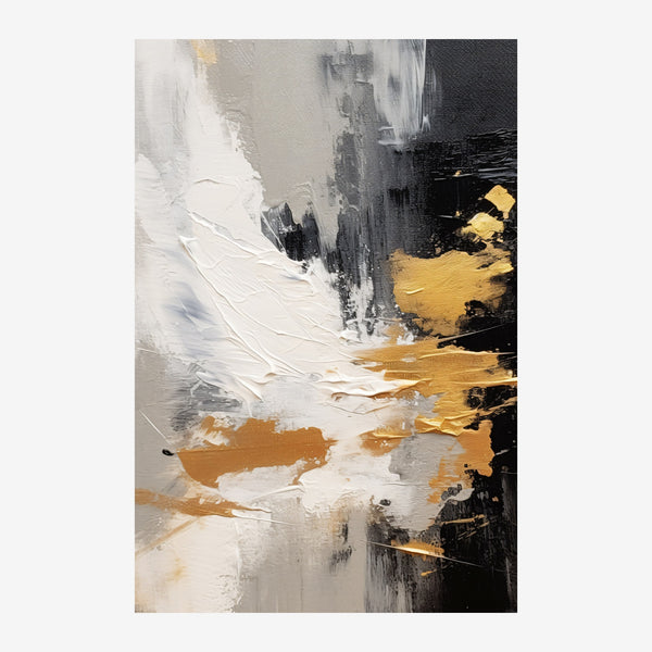 Composition abstraite verticale associant des zones blanches et grises aux touches d'or et noir, traitée à la peinture avec.