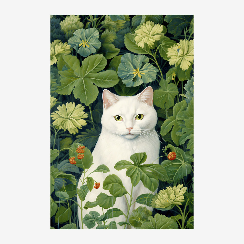 Un chat blanc aux yeux jaunes entouré d'un jardin fleuri de fleurs jaunes, de feuillage vert et de framboises rouges, dans.