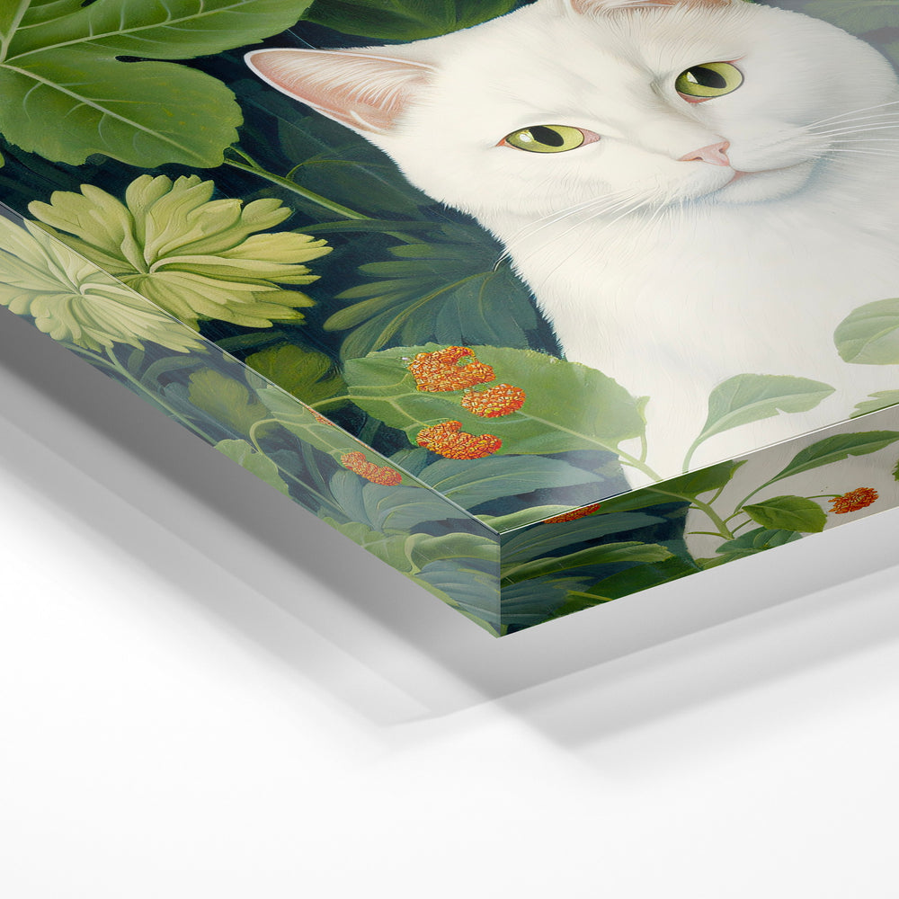 Gros plan de la matière : le tirage sous verre acrylique, tranche transparente visible.