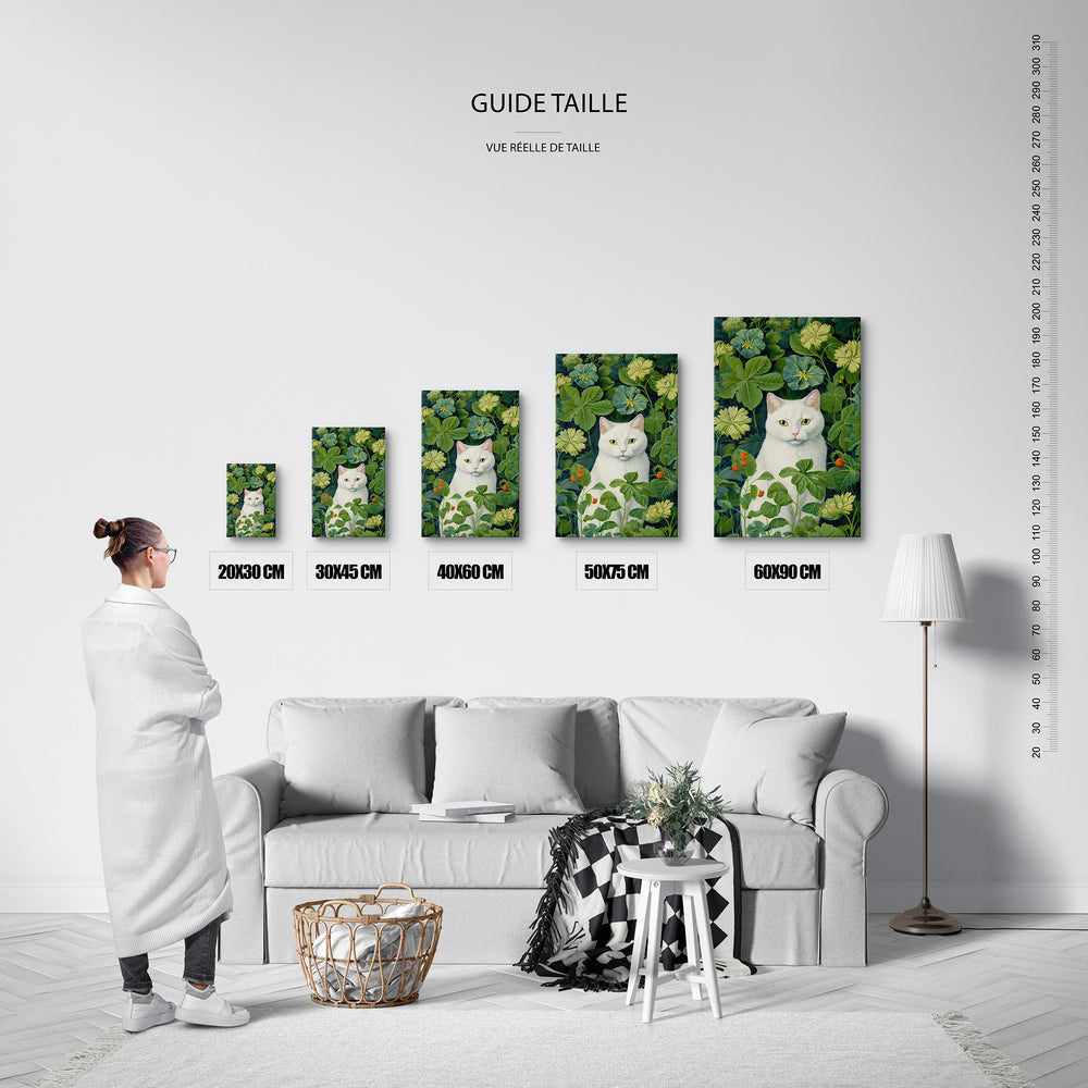Guide des tailles : le tirage présenté dans ses 5 formats de vente, à l'échelle réelle sur un mur de salon, avec une règle en centimètres.