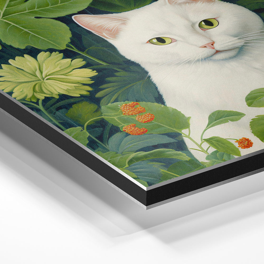 Gros plan de la matière : le tirage contrecollé sur aluminium Dibond mat, tranche visible.