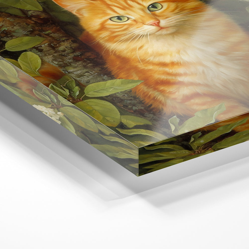 Gros plan de la matière : le tirage sous verre acrylique, tranche transparente visible.