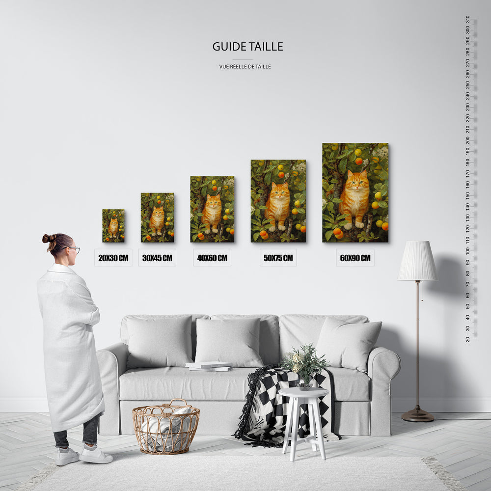 Guide des tailles : le tirage présenté dans ses 5 formats de vente, à l'échelle réelle sur un mur de salon, avec une règle en centimètres.