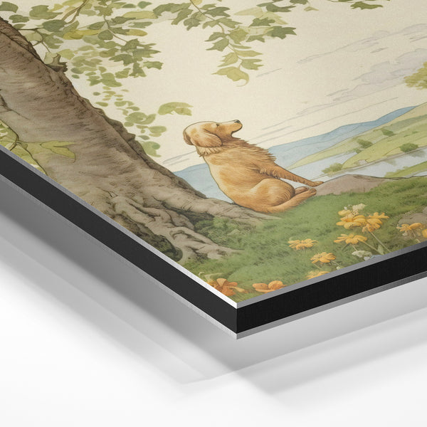 Chien roux sous l'arbre, paysage bucolique — Aluminium Dibond