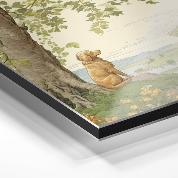Chien roux sous l'arbre, paysage bucolique — Aluminium Dibond relief 3D