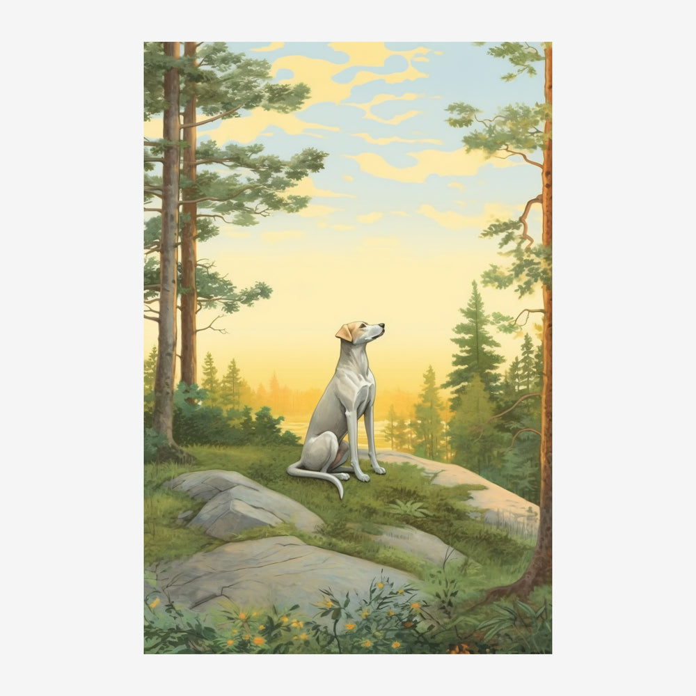 Un chien assis sur un rocher regarde vers le ciel dans une clairière forestière au coucher de soleil, entouré d'arbres de.