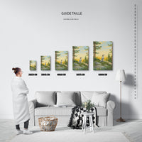 Guide des tailles : le tirage présenté dans ses 5 formats de vente, à l'échelle réelle sur un mur de salon, avec une règle en centimètres.