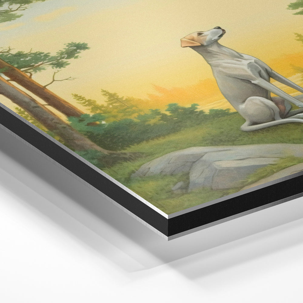 Gros plan de la matière : le tirage contrecollé sur aluminium Dibond mat, tranche visible.