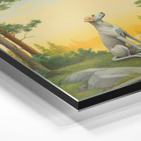 Gros plan de la matière : le tirage contrecollé sur aluminium Dibond mat, tranche visible.