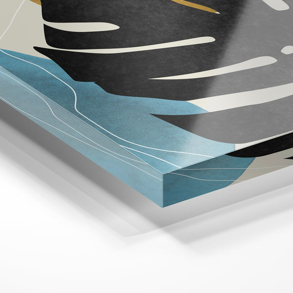 Feuille abstraite scandinavie, noir or et bleu — Verre acrylique