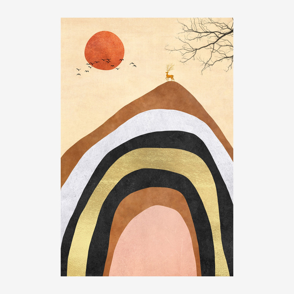 Illustration minimaliste : une montagne formée d'arcs concentriques colorés, un cerf au sommet, un grand soleil rouge et des.