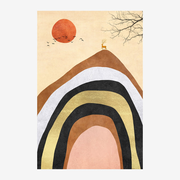 Illustration minimaliste : une montagne formée d'arcs concentriques colorés, un cerf au sommet, un grand soleil rouge et des.