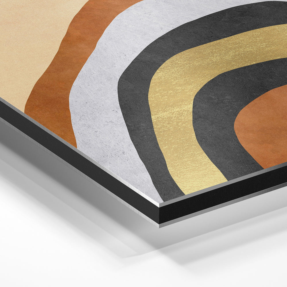 Gros plan de la matière : le tirage contrecollé sur aluminium Dibond mat, tranche visible.