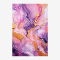 Composition abstraite fluide avec des formes ondulantes en rose, violet et or, créant un effet de mouvement continu.