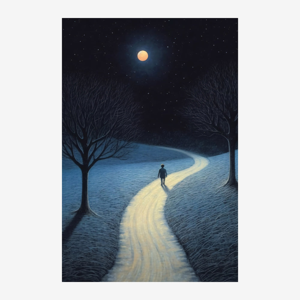 Illustration nocturne montrant une silhouette marchant seule sur un sentier jaune doré qui serpente à travers des arbres.