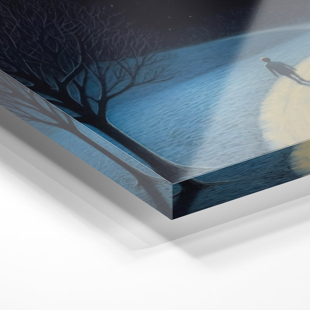 Gros plan de la matière : le tirage sous verre acrylique, tranche transparente visible.