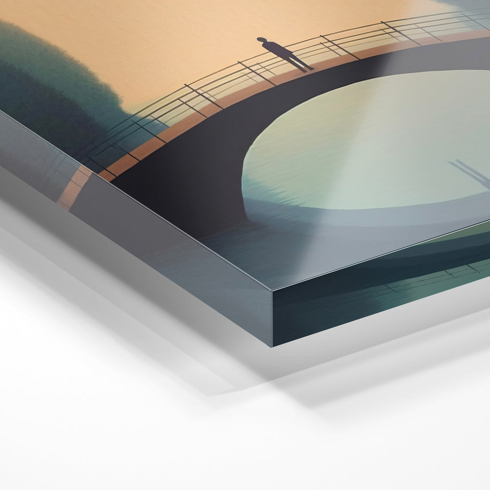 Gros plan de la matière : le tirage sous verre acrylique, tranche transparente visible.