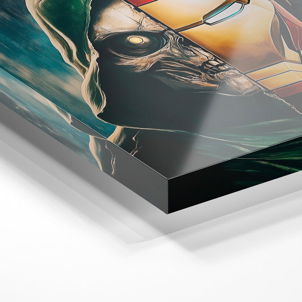 Gros plan de la matière : le tirage sous verre acrylique, tranche transparente visible.