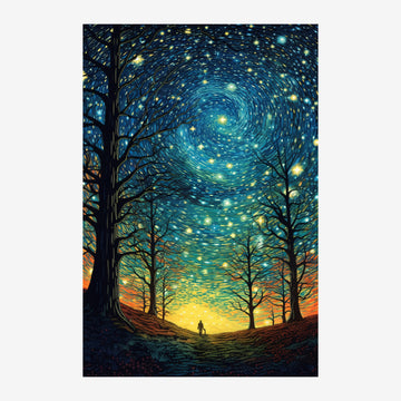 Forêt étoilée au coucher de soleil, rêveur