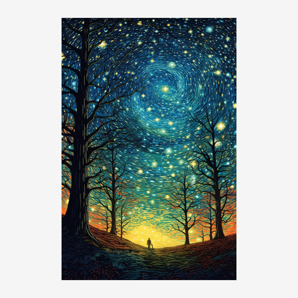 Une silhouette solitaire marche dans une forêt entre de grands arbres vers un horizon éclairé au coucher de soleil doré, le.