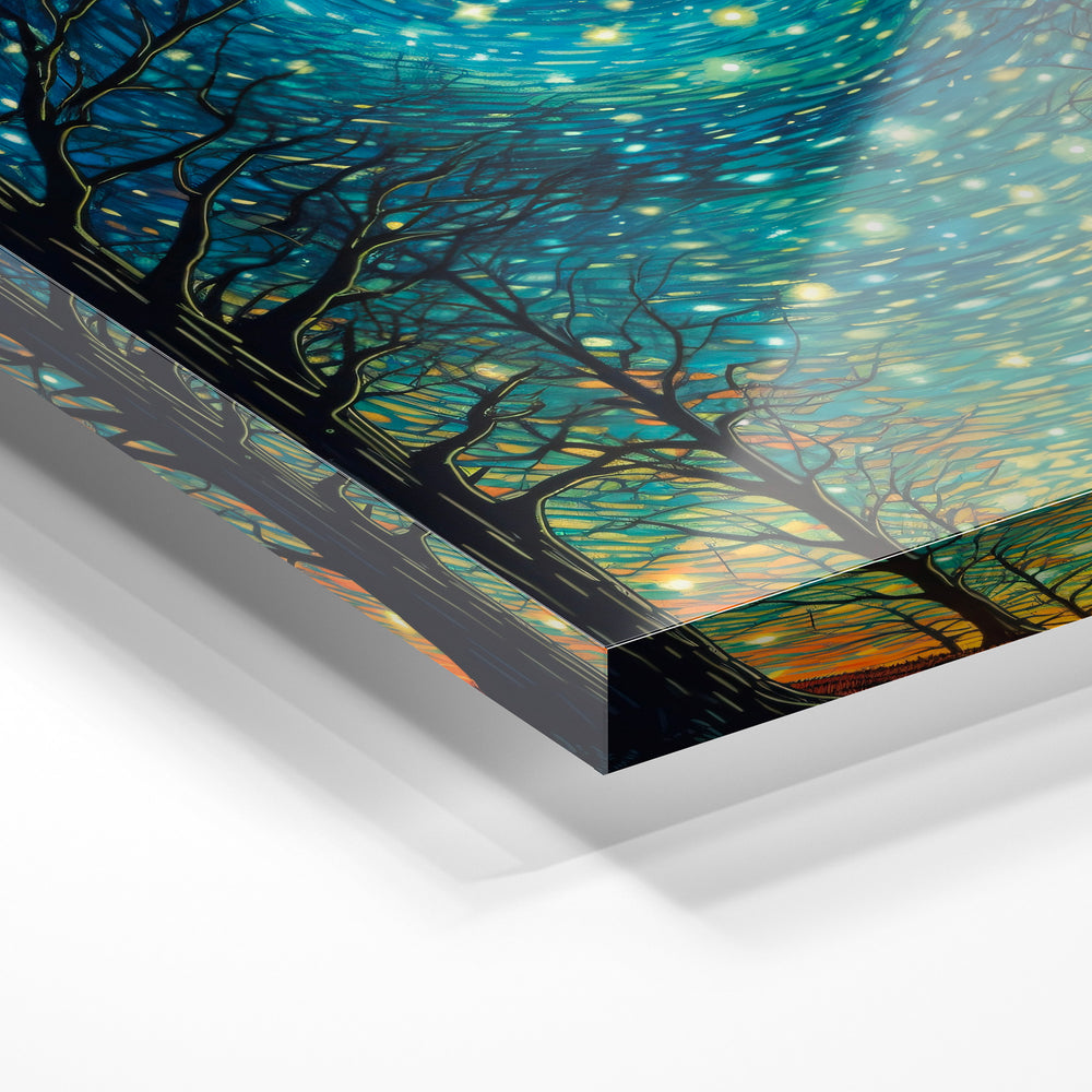 Gros plan de la matière : le tirage sous verre acrylique, tranche transparente visible.