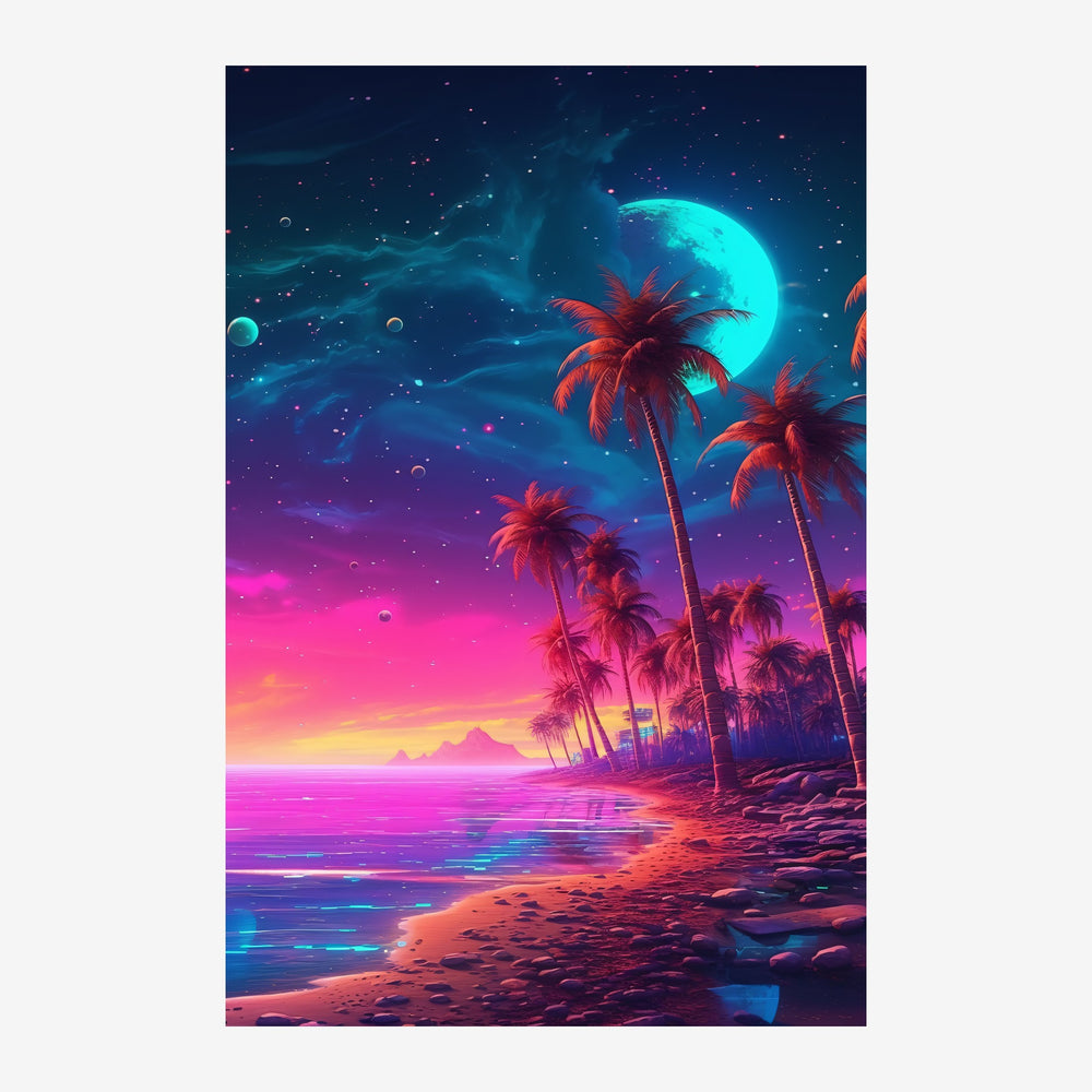 Paysage nocturne de plage avec palmiers rouges en silhouette devant une lune turquoise lumineuse, ciel dégradé rose et bleu.
