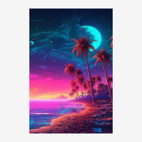 Paysage nocturne de plage avec palmiers rouges en silhouette devant une lune turquoise lumineuse, ciel dégradé rose et bleu.