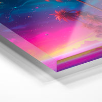 Gros plan de la matière : le tirage sous verre acrylique, tranche transparente visible.
