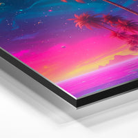 Gros plan de la matière : le tirage contrecollé sur aluminium Dibond mat, tranche visible.