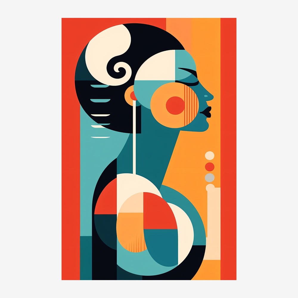 Profil féminin abstrait art déco en formes géométriques colorées : noir, blanc crème, bleu canard et orange.