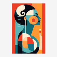 Profil féminin abstrait art déco en formes géométriques colorées : noir, blanc crème, bleu canard et orange.