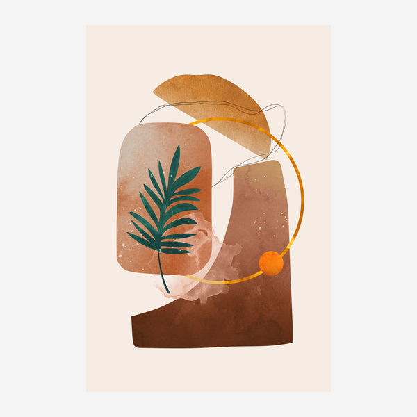 Composition abstraite avec des formes géométriques arrondies en dégradés de beige et marron, une feuille verte stylisée au.