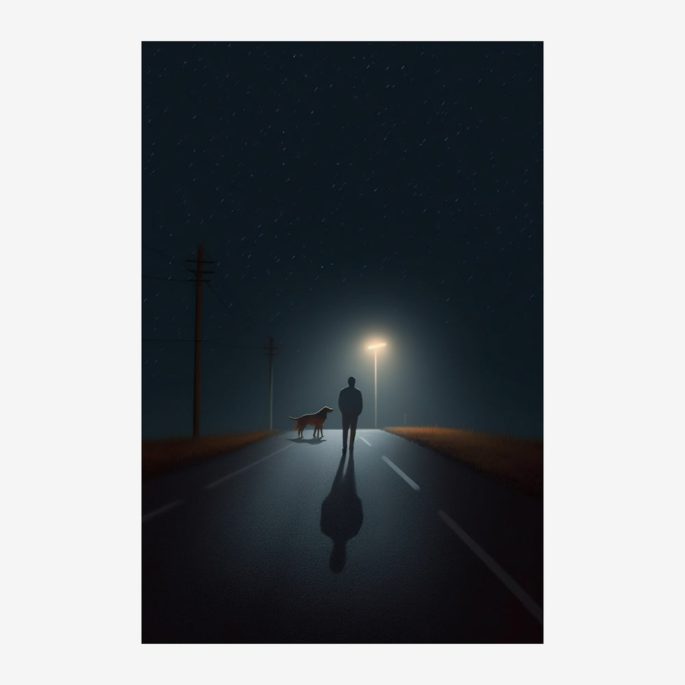 Une silhouette de femme se tient seule sur une route la nuit sous un réverbère allumé, le ciel étoilé au-dessus.