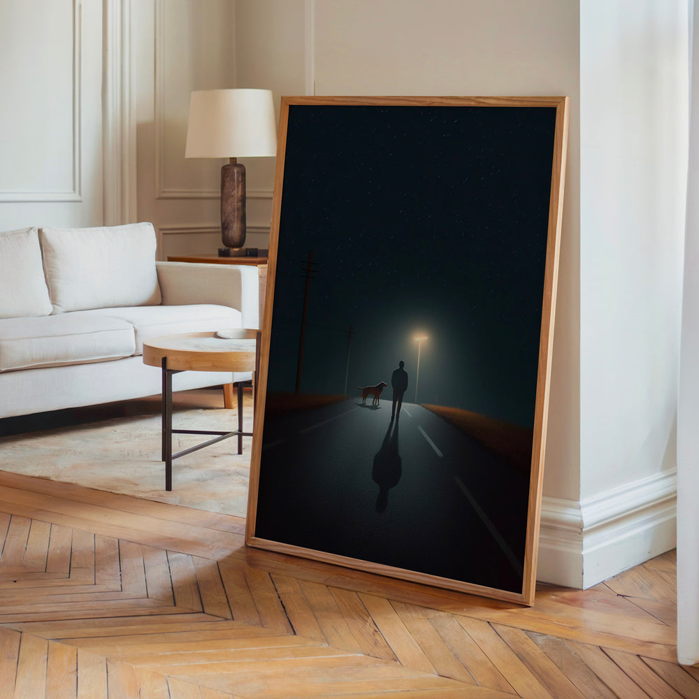Le tableau accroché en situation dans un intérieur meublé.