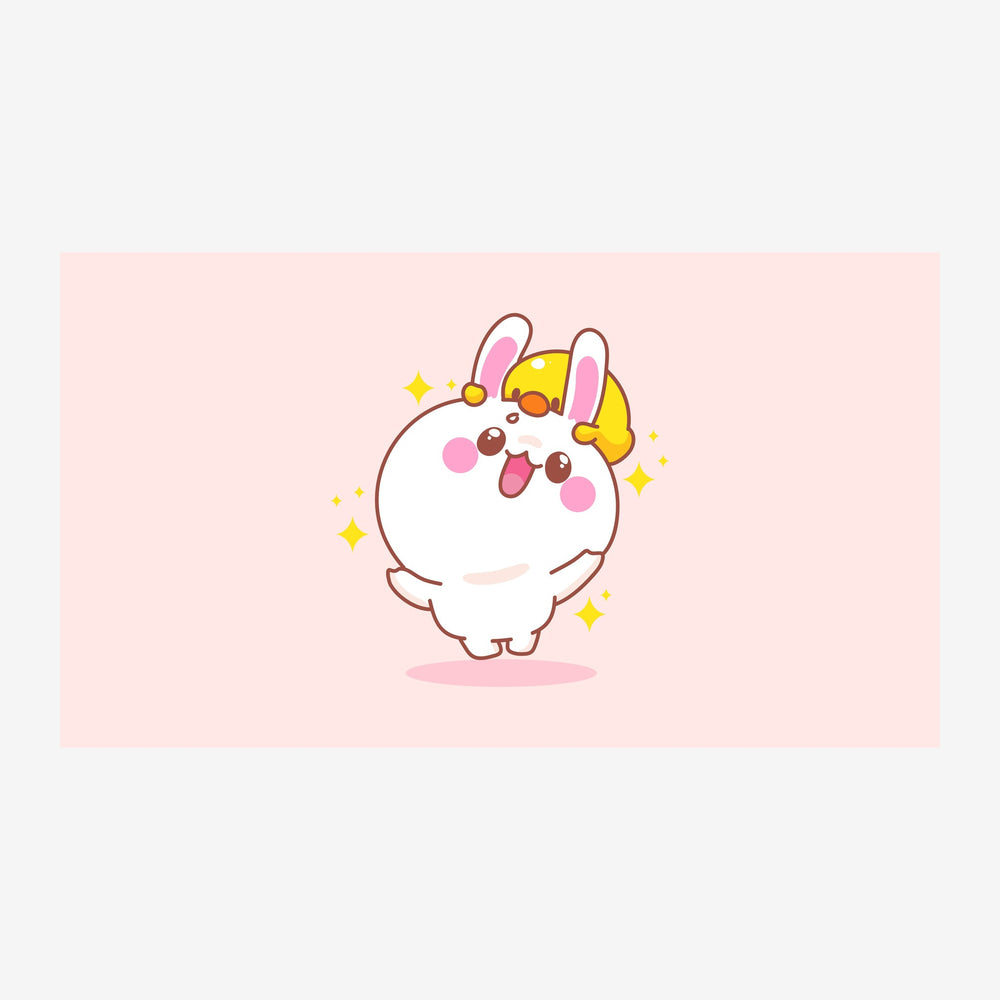 Un lapin blanc au style cartoon avec de grandes oreilles roses, mangeant des gâteaux jaunes et des bonbons bruns sur un fond.