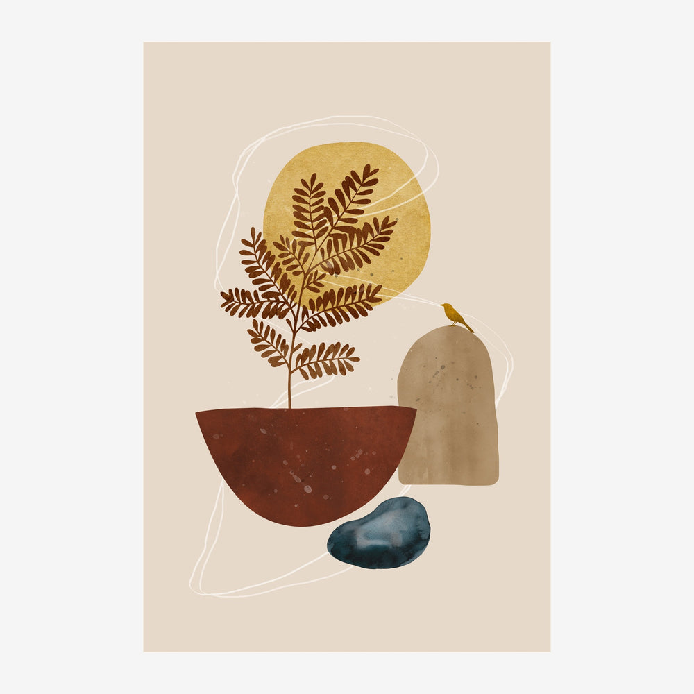 Illustration abstraite minimaliste : silhouette de tête beige avec une fougère marron et ocre dans un pot, cercle ocre à.