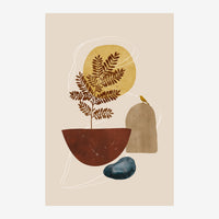 Illustration abstraite minimaliste : silhouette de tête beige avec une fougère marron et ocre dans un pot, cercle ocre à.