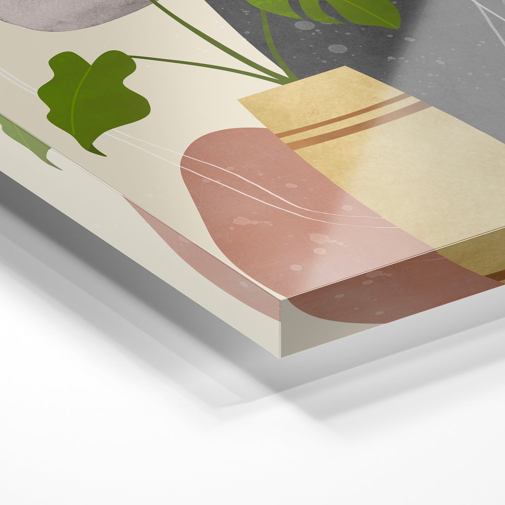 Gros plan de la matière : le tirage sous verre acrylique, tranche transparente visible.