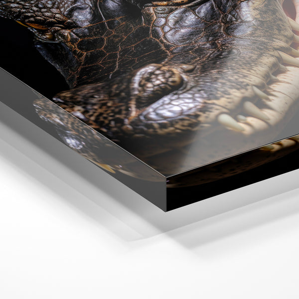 Crocodile noir et or, regard intense – portrait animalier — Verre acrylique