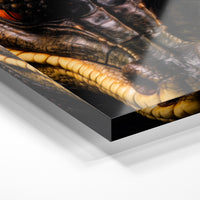 Gros plan de la matière : le tirage sous verre acrylique, tranche transparente visible.