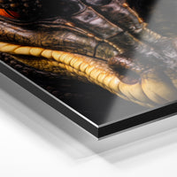 Gros plan du relief : la surépaisseur d'encre en lumière rasante sur aluminium Dibond.